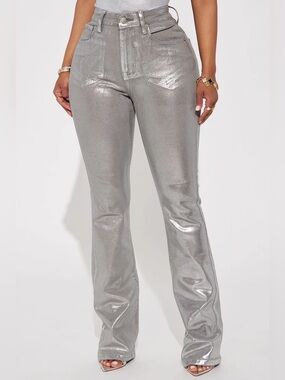 Fashion Nova Silver Metallic Flare Jeans
